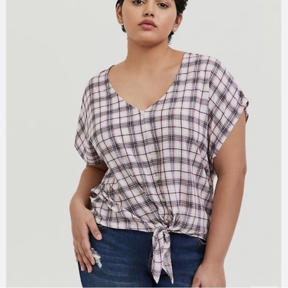 Torrid - Purple Plaid Tie Front Blouse - Picture 1 of 9